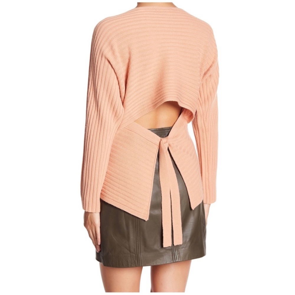 Vince Tie Back Ribbed Wool and Cashmere Sweater in Peach / Coral - Large